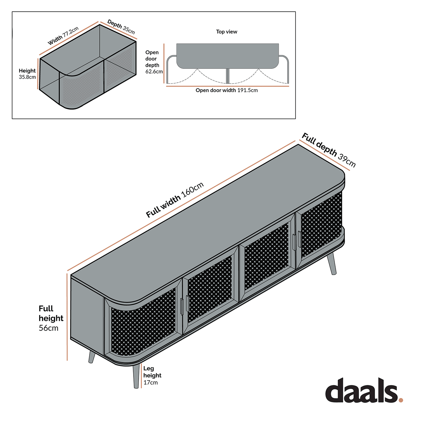 Meuble TV Izzy en rotin courbé, 160 cm de large, naturel