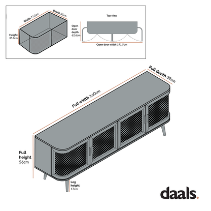 Meuble TV Izzy en rotin incurvé, 160 cm de large, noyer