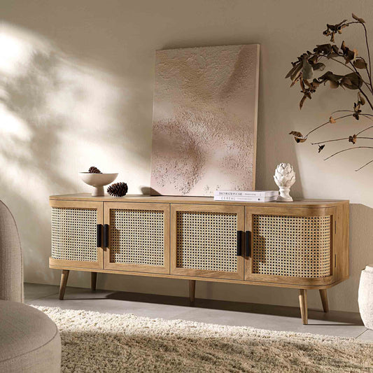 Meuble TV Izzy en rotin courbé, 160 cm de large, naturel