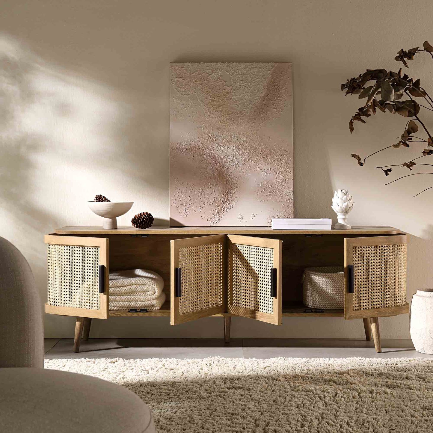 Meuble TV Izzy en rotin courbé, 160 cm de large, naturel