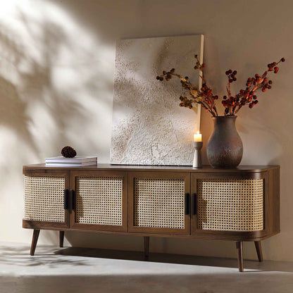 Meuble TV Izzy en rotin incurvé, 160 cm de large, noyer