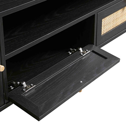 Meuble TV en rotin tressé Frances, 200 cm de large, noir
