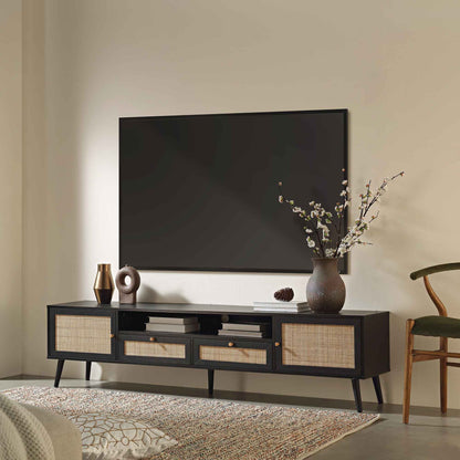 Meuble TV en rotin tressé Frances, 200 cm de large, noir