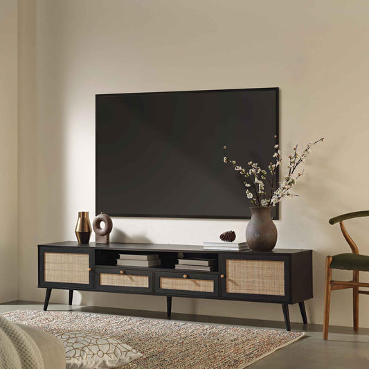 Meuble TV en rotin tressé Frances, 200 cm de large, noir