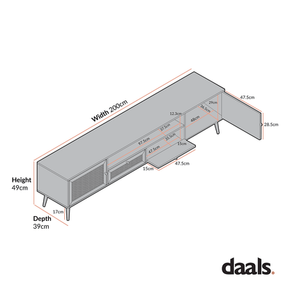 Meuble TV en rotin tressé Frances, largeur 200 cm, naturel
