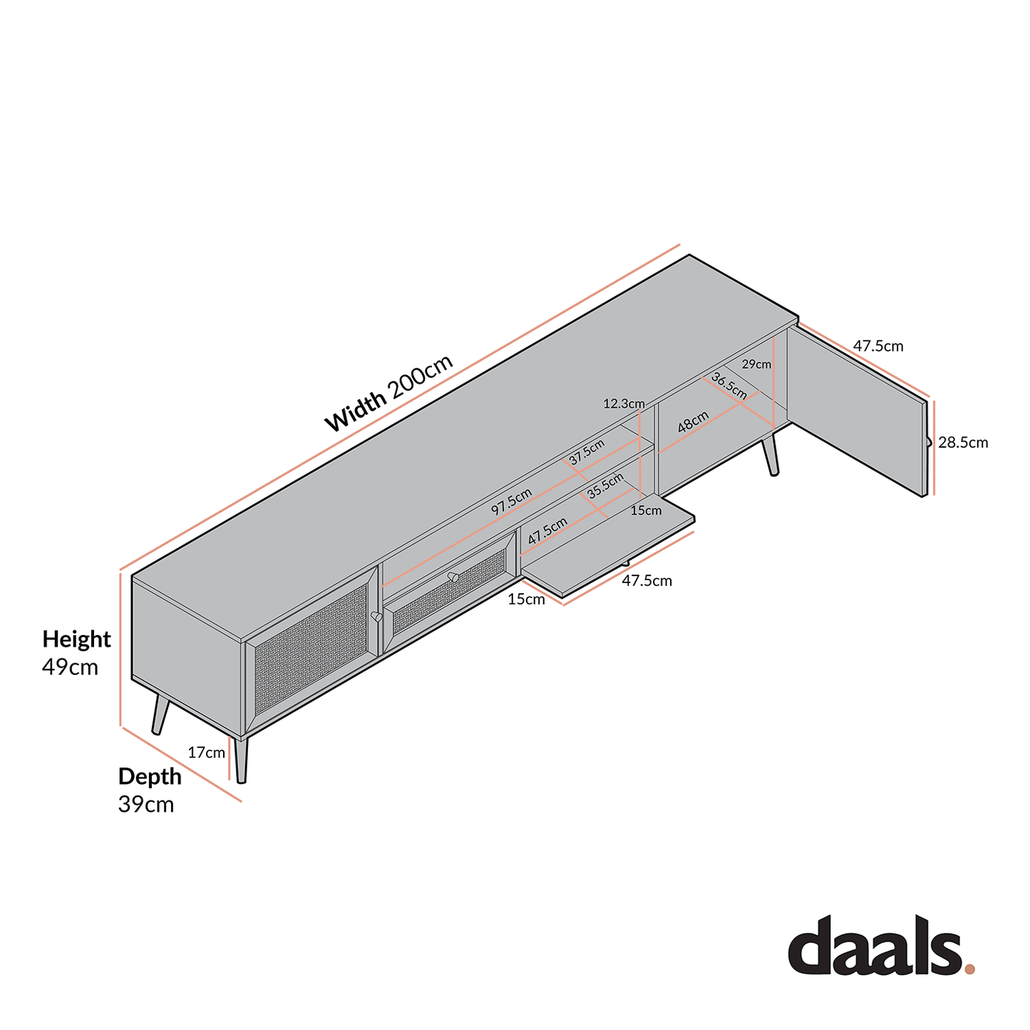 Meuble TV en rotin tressé Frances, 200 cm de large, blanc