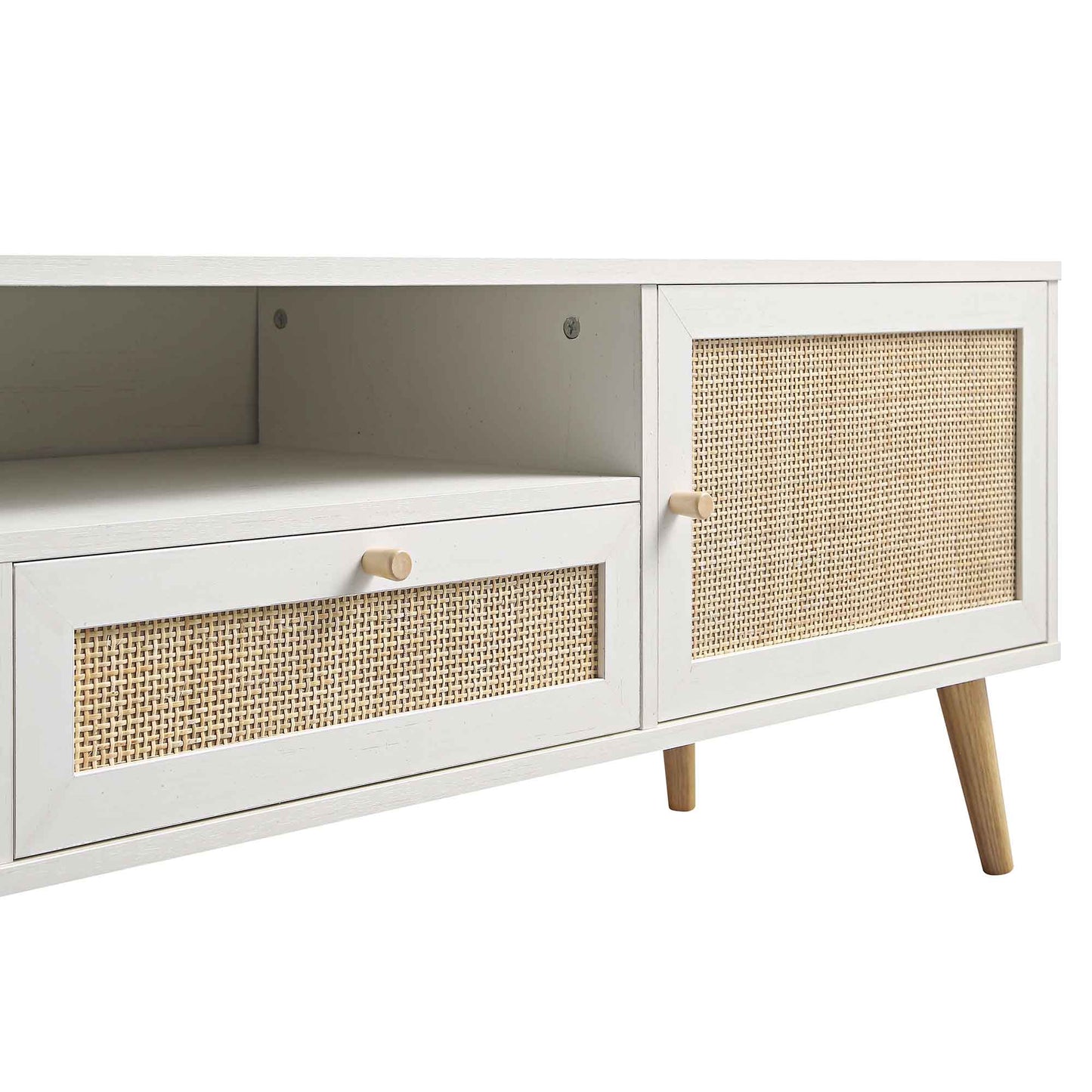 Meuble TV en rotin tressé Frances, 200 cm de large, blanc