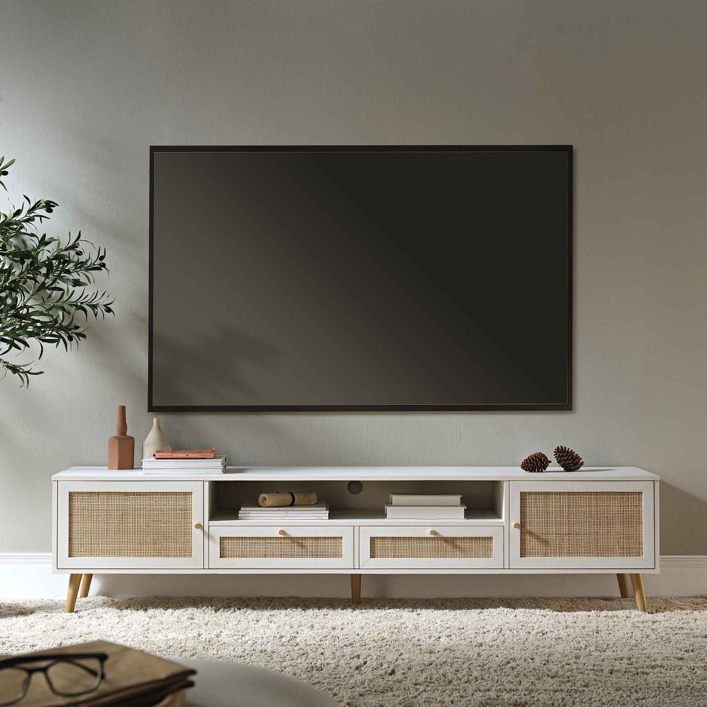 Meuble TV en rotin tressé Frances, 200 cm de large, blanc