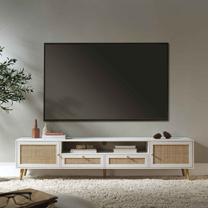 Meuble TV en rotin tressé Frances, 200 cm de large, blanc