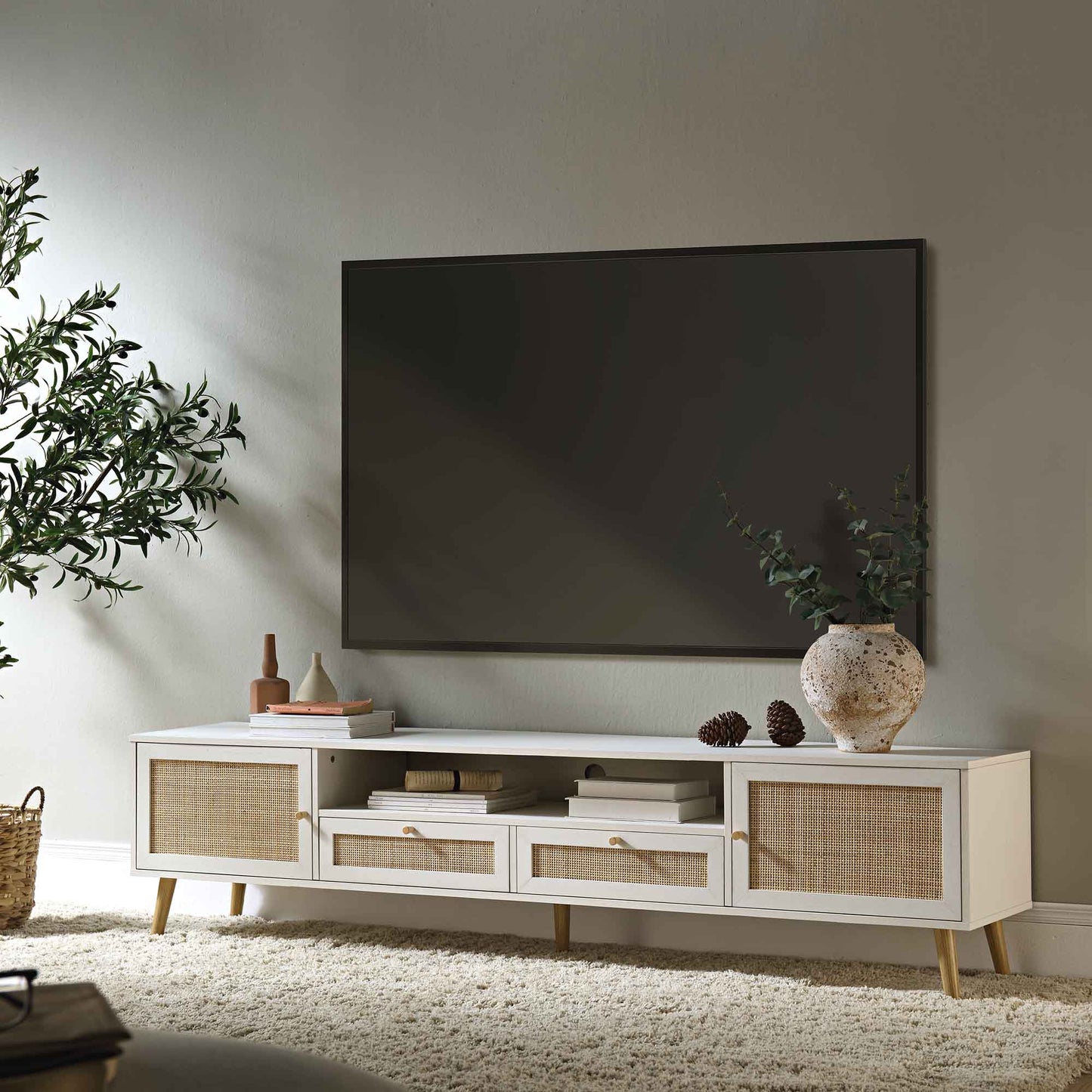 Meuble TV en rotin tressé Frances, 200 cm de large, blanc