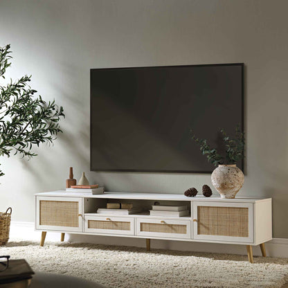 Meuble TV en rotin tressé Frances, 200 cm de large, blanc