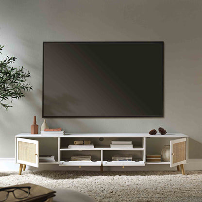 Meuble TV en rotin tressé Frances, 200 cm de large, blanc