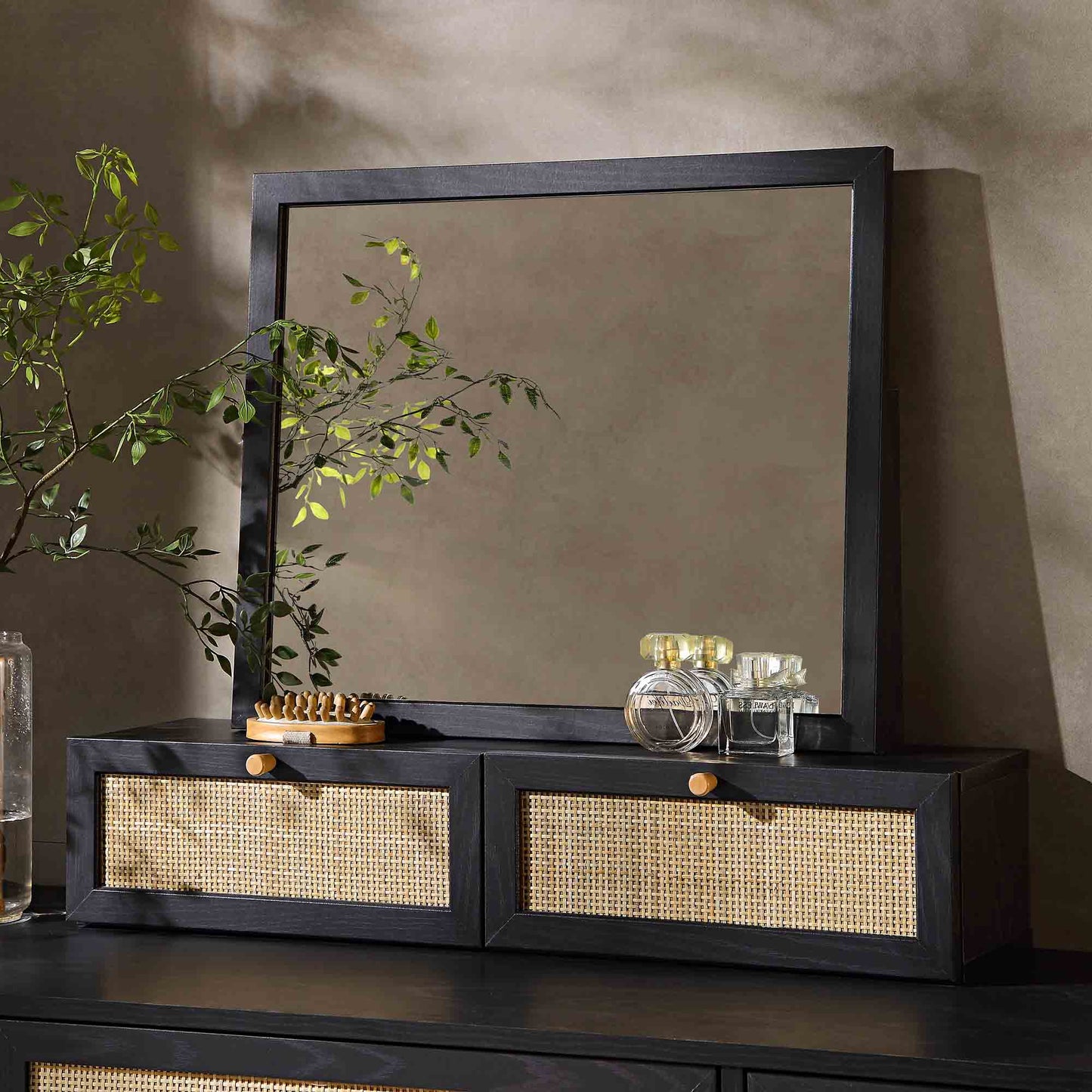 Miroir de courtoisie en rotin tressé Frances, noir