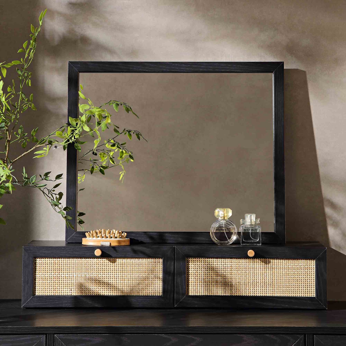 Miroir de courtoisie en rotin tressé Frances, noir