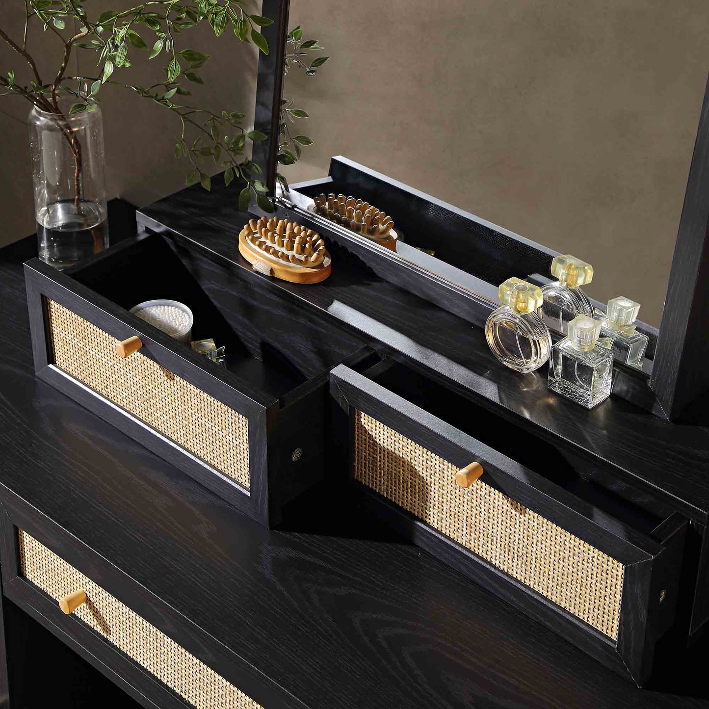 Miroir de courtoisie en rotin tressé Frances, noir