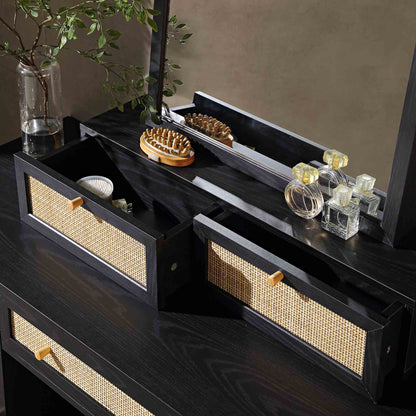 Miroir de courtoisie en rotin tressé Frances, noir