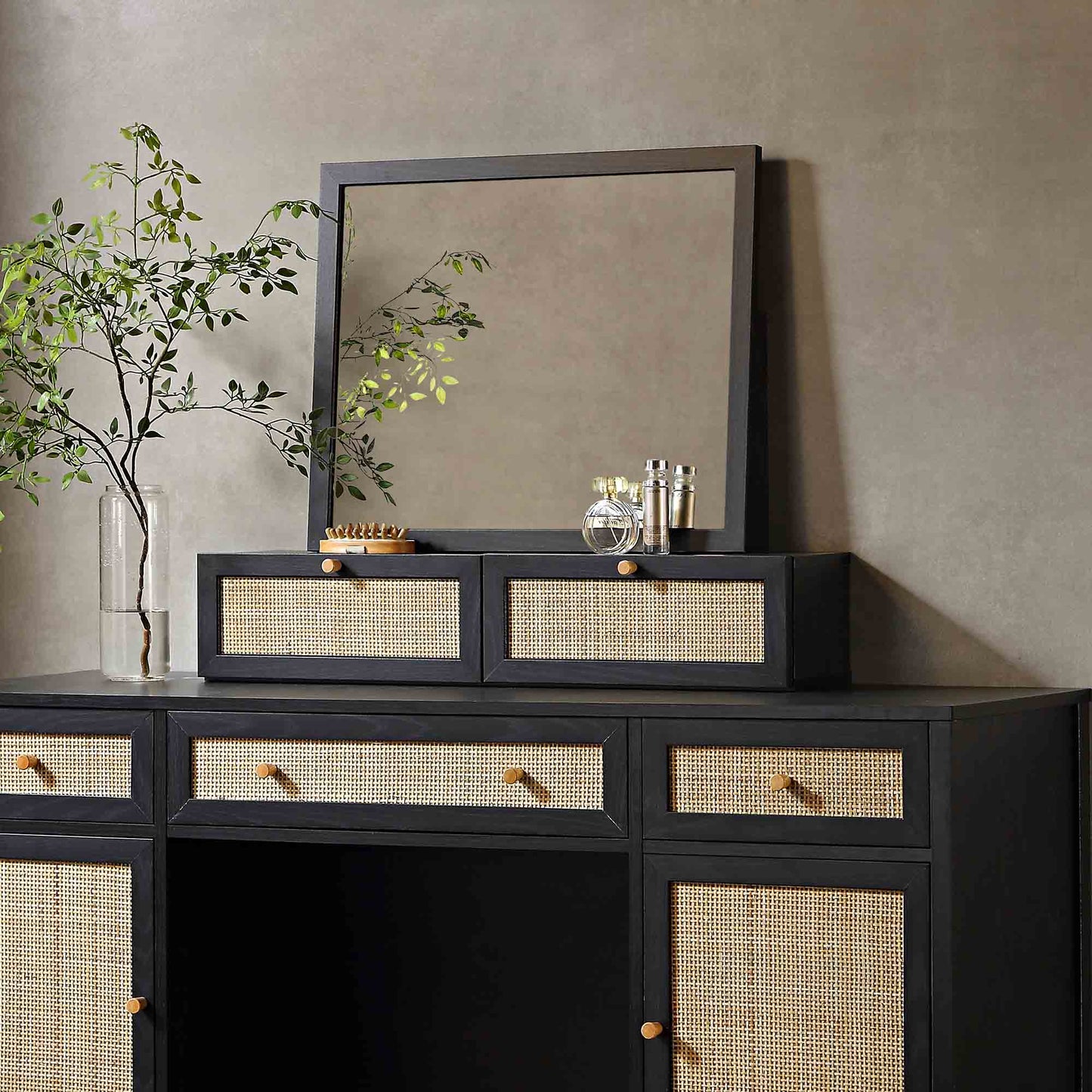 Miroir de courtoisie en rotin tressé Frances, noir