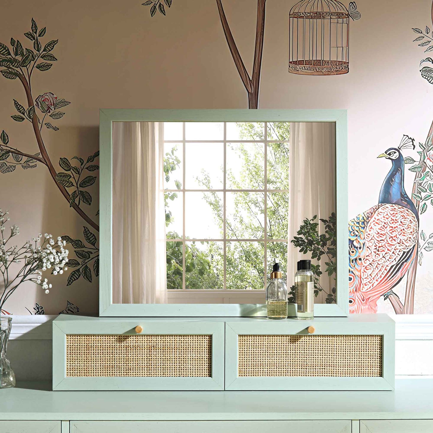 Miroir de courtoisie en rotin tressé Frances, menthe