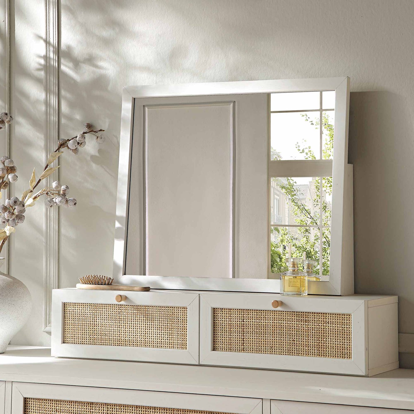 Miroir de courtoisie en rotin tressé Frances, blanc