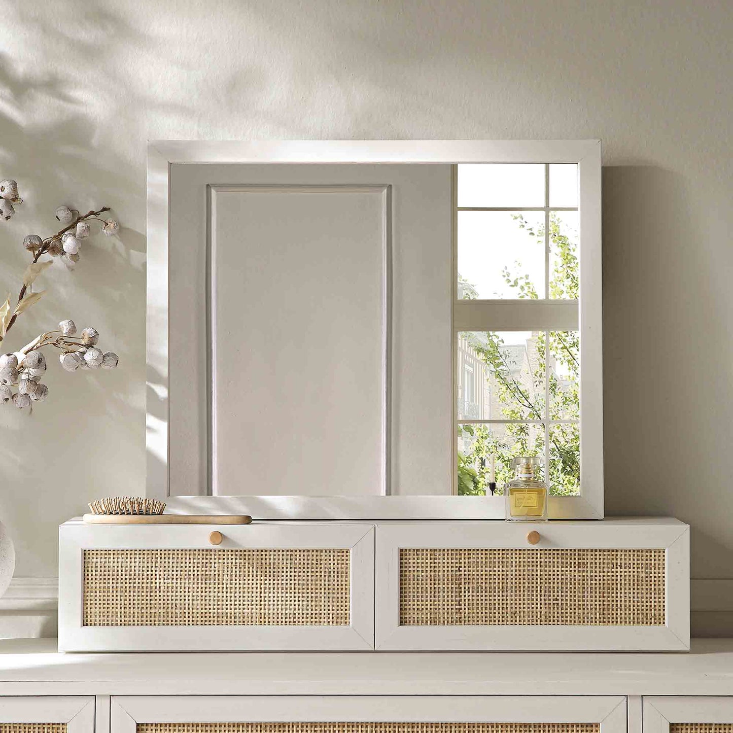 Miroir de courtoisie en rotin tressé Frances, blanc