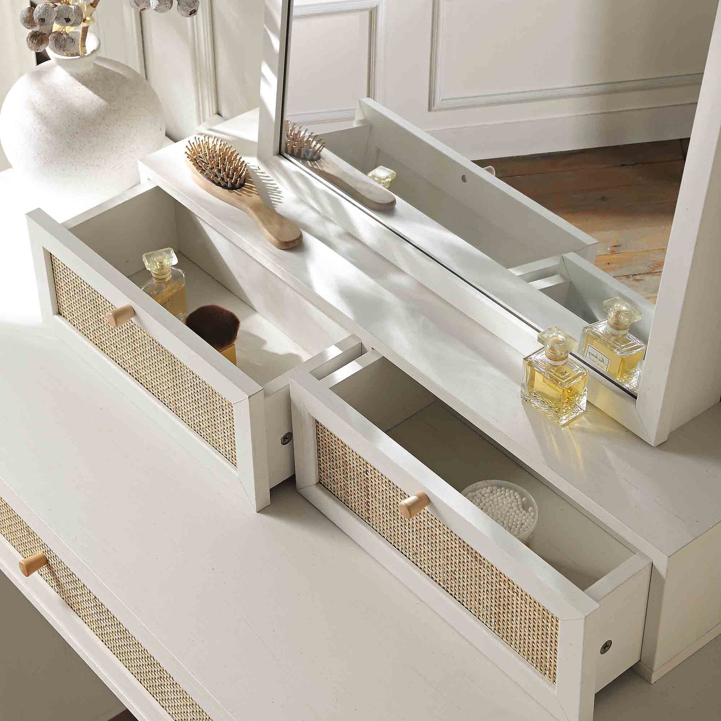 Miroir de courtoisie en rotin tressé Frances, blanc