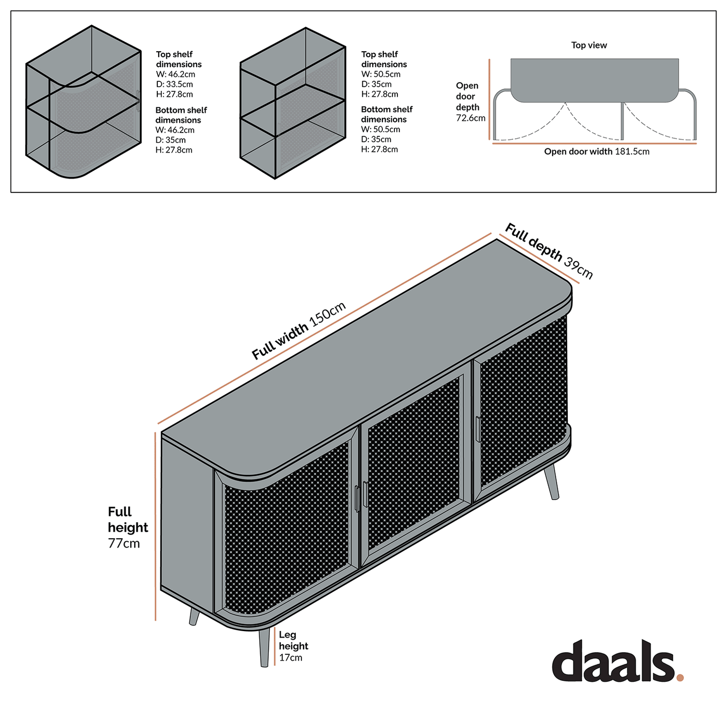 Grand buffet 3 portes en rotin courbé Izzy, noyer