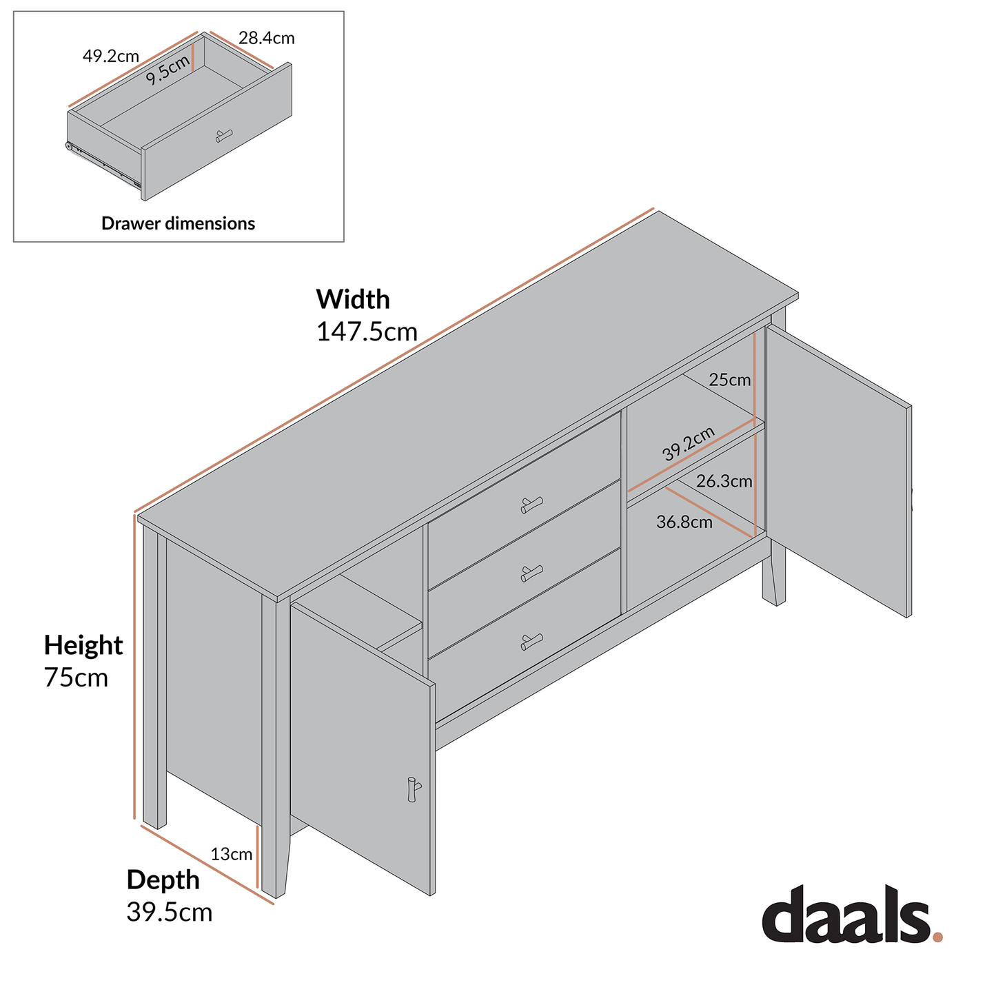 Buffet large Oakham avec tiroirs, rose nude