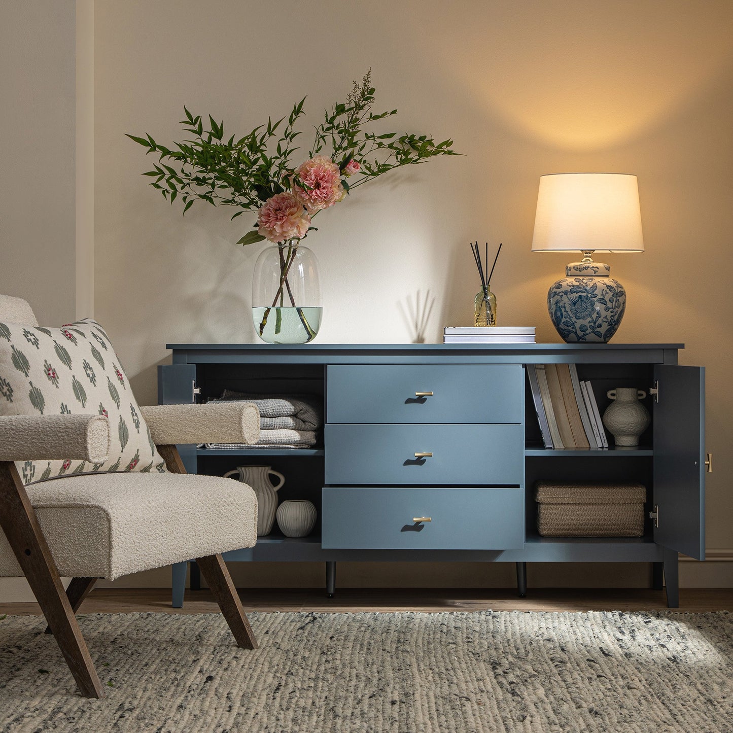 Buffet large Oakham avec tiroirs, bleu orage