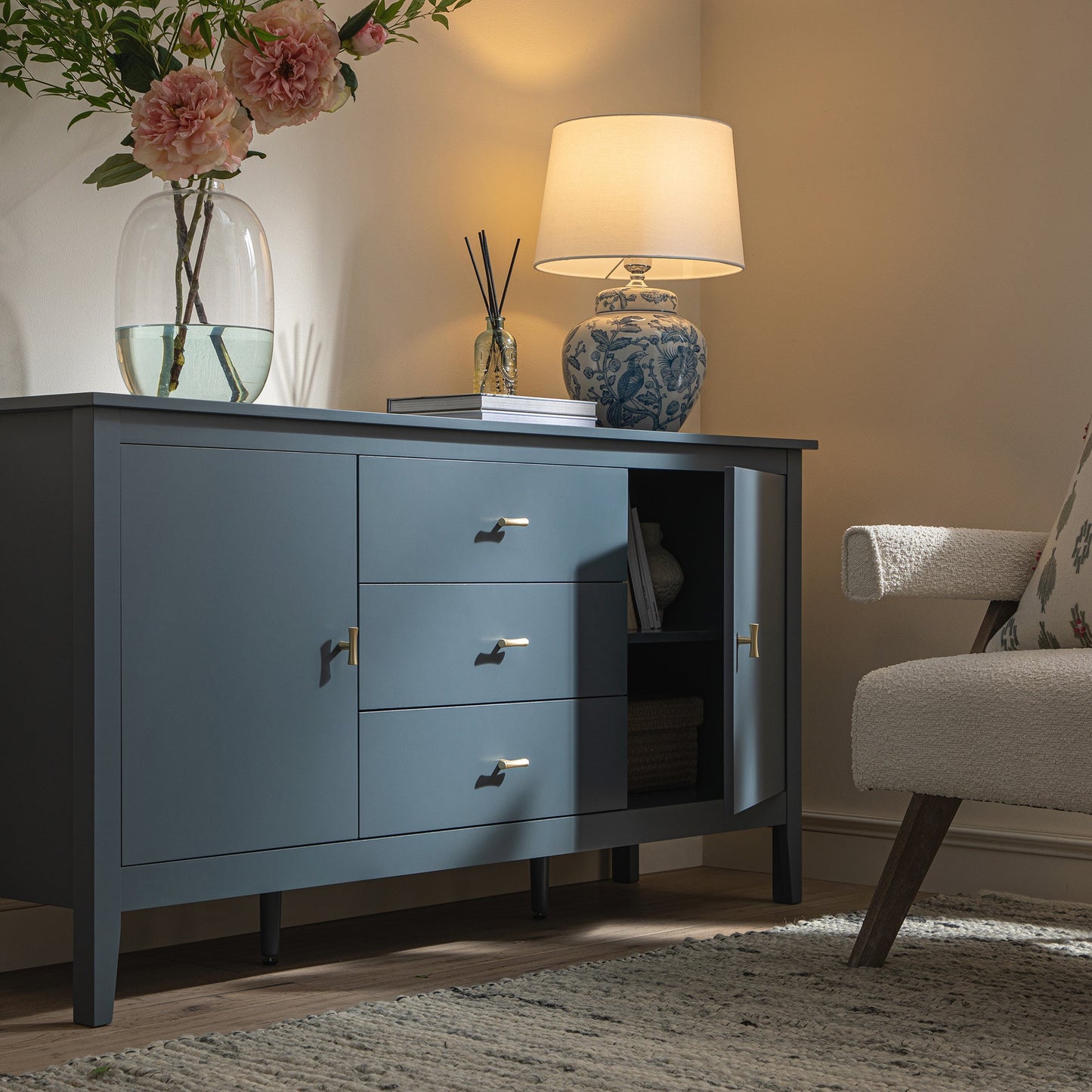 Buffet large Oakham avec tiroirs, bleu orage