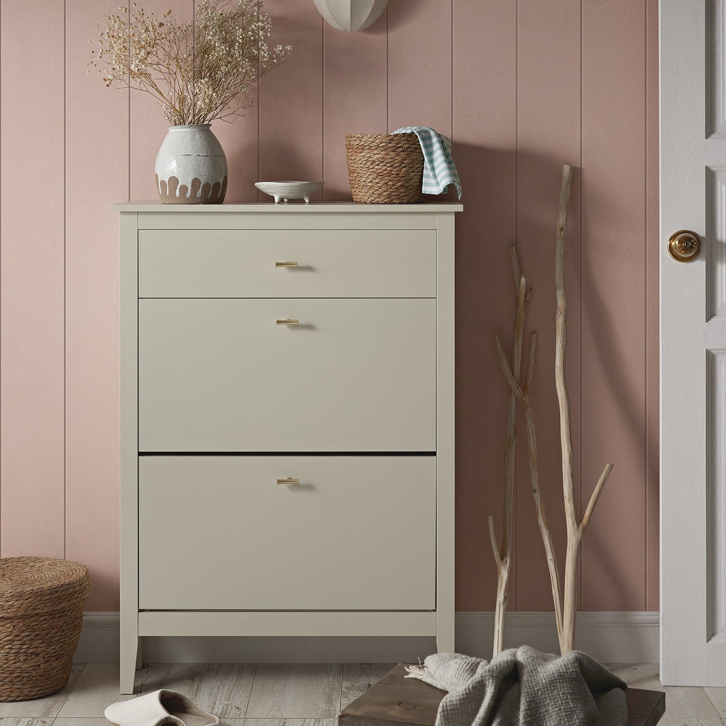 Meuble à chaussures Oakham à deux niveaux avec tiroir supérieur, blanc ombré