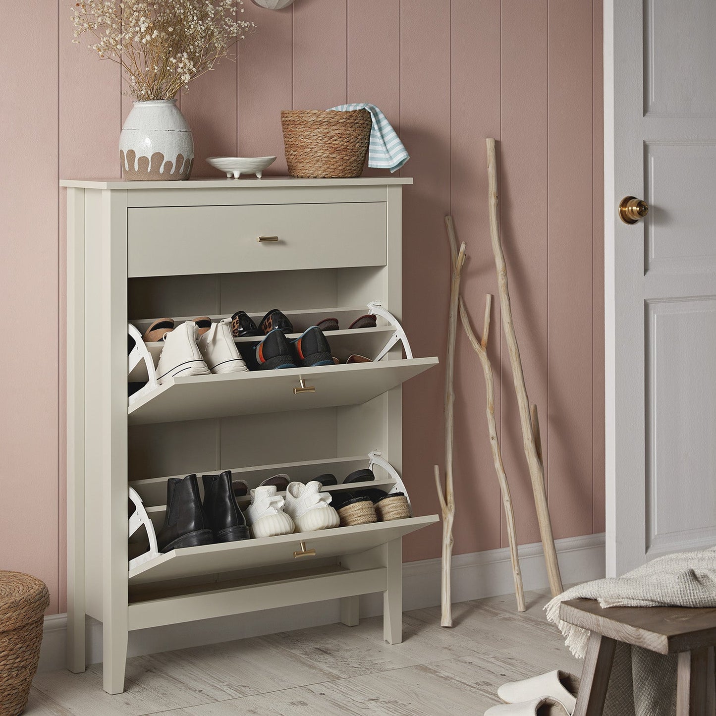 Meuble à chaussures Oakham à deux niveaux avec tiroir supérieur, blanc ombré