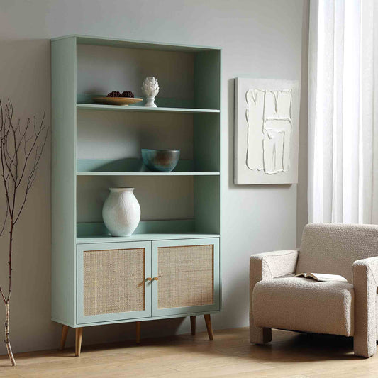 Bibliothèque en rotin tressé Frances avec portes, menthe