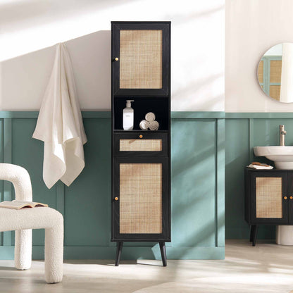 Meuble de salle de bain haut en rotin tressé Frances, noir