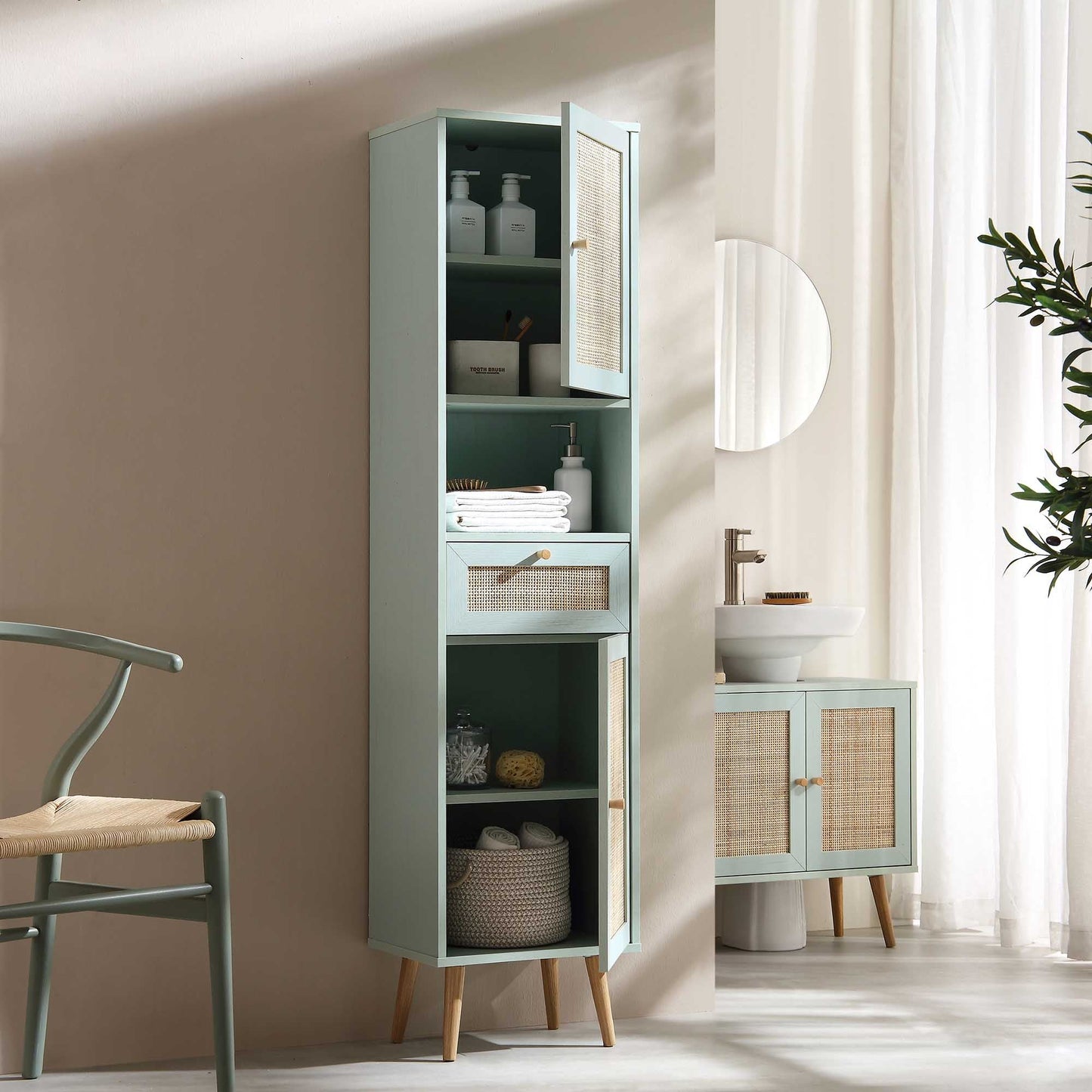 Meuble de salle de bain haut en rotin tressé Frances, vert menthe