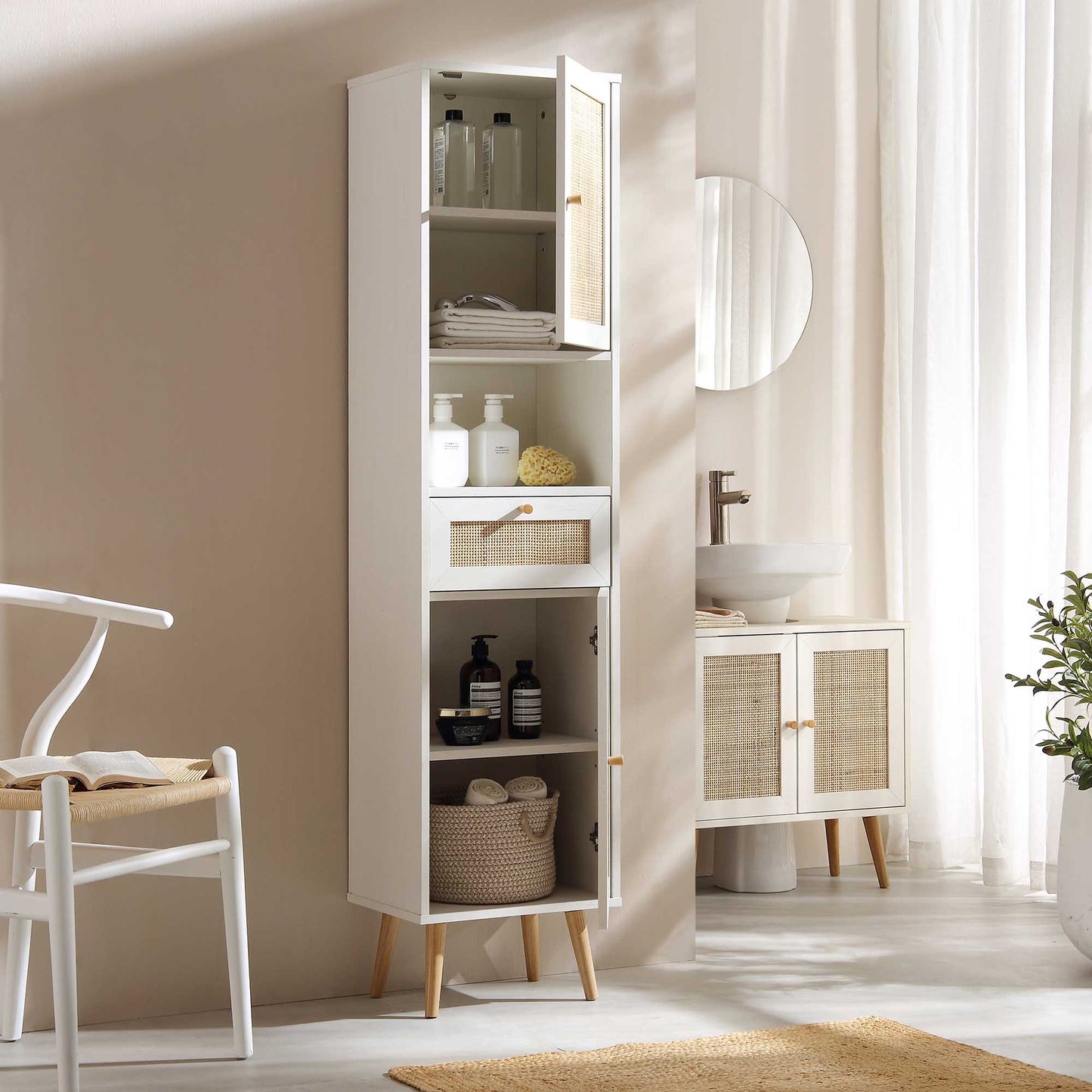 Meuble de salle de bain haut en rotin tressé Frances, blanc