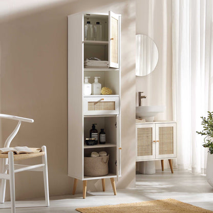 Meuble de salle de bain haut en rotin tressé Frances, blanc