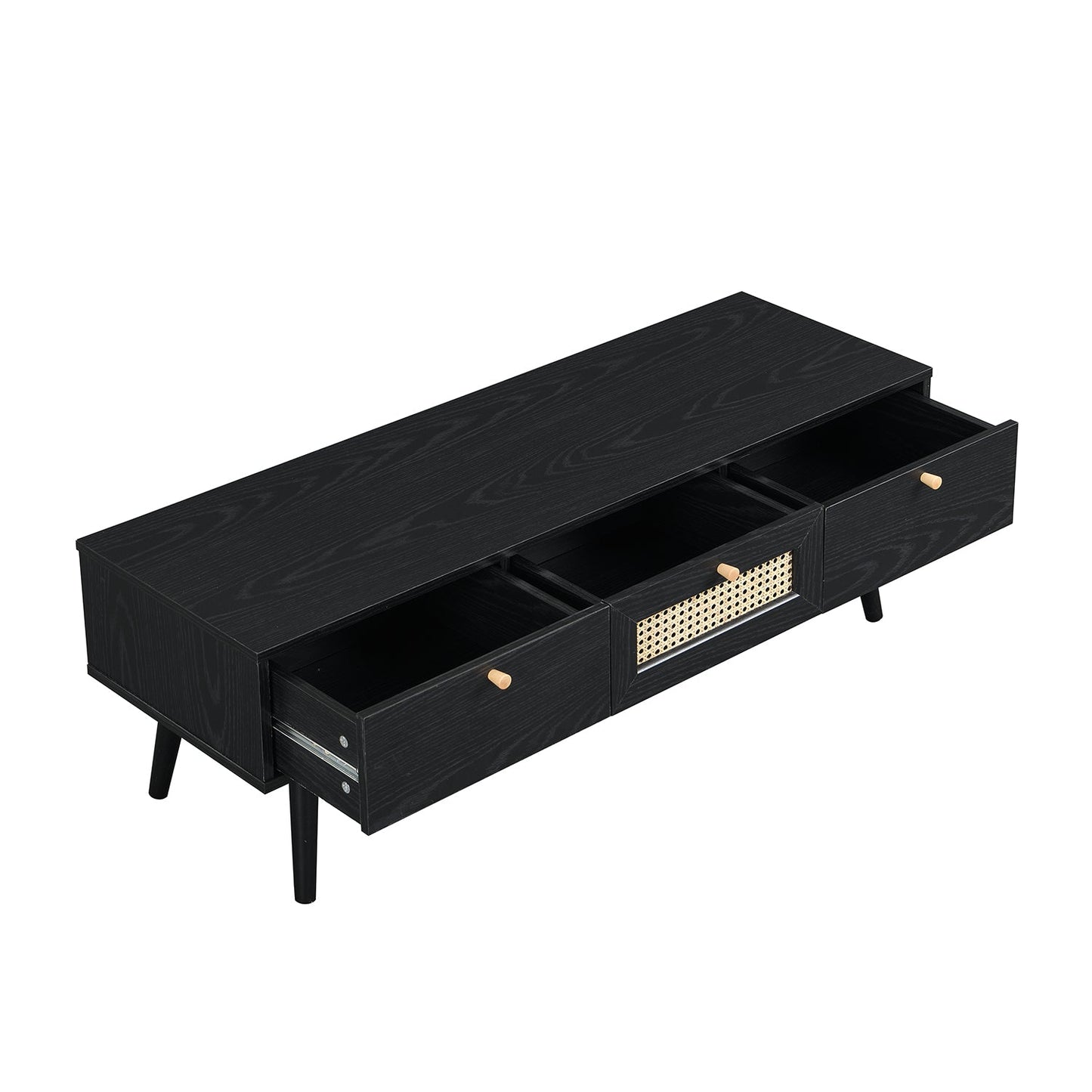 Meuble TV 3 tiroirs Anya en rotin tressé noir