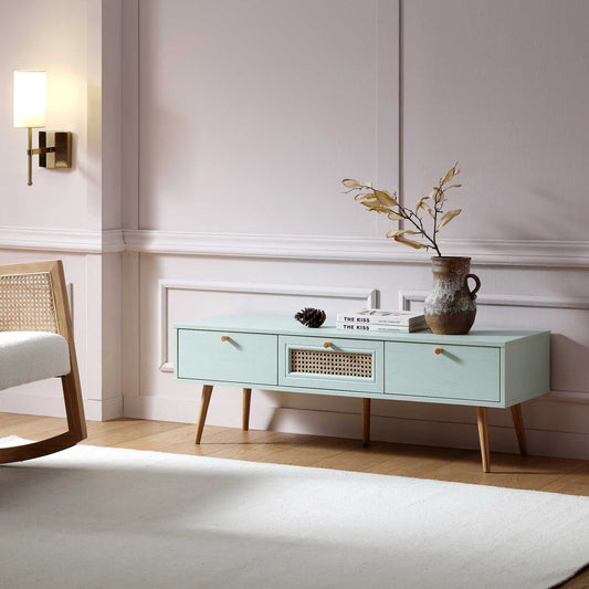 Meuble TV Anya en rotin tressé à 3 tiroirs, menthe