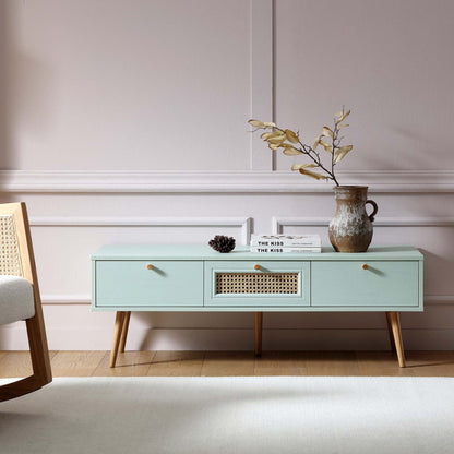 Meuble TV Anya en rotin tressé à 3 tiroirs, menthe