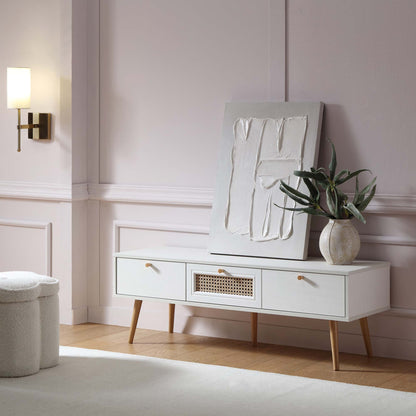 Meuble TV Anya à 3 tiroirs en rotin tressé blanc