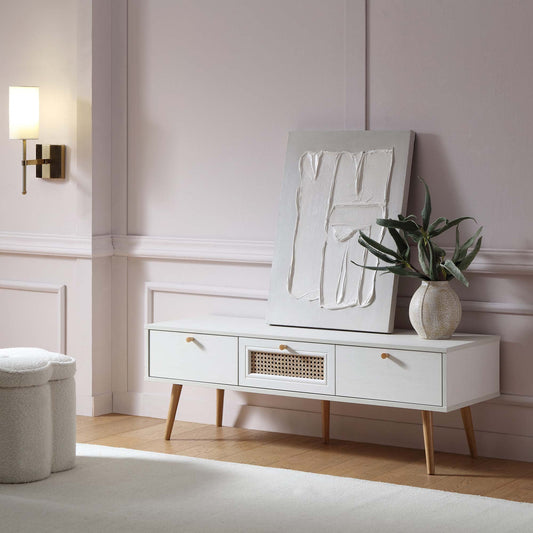 Meuble TV Anya à 3 tiroirs en rotin tressé blanc