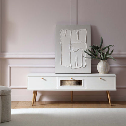 Meuble TV Anya à 3 tiroirs en rotin tressé blanc