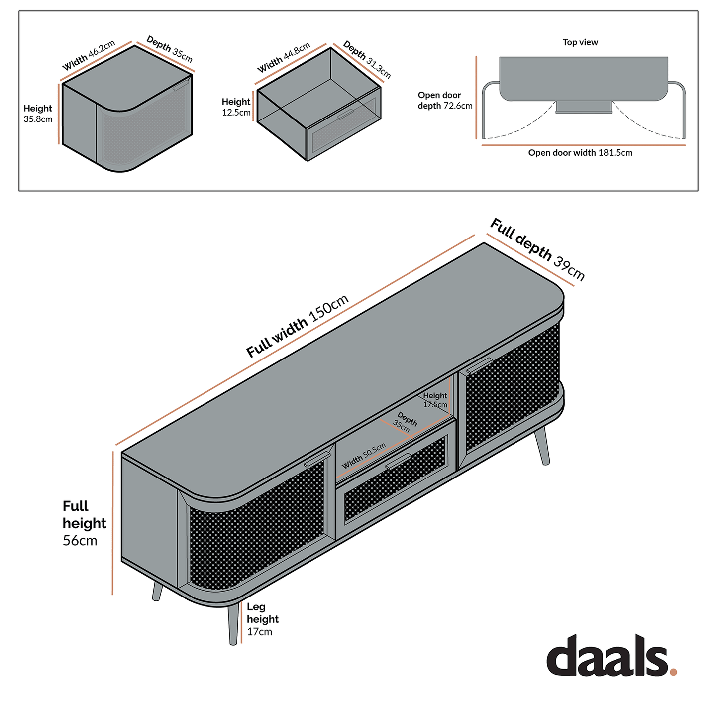 Meuble TV Izzy en rotin courbé 150 cm, blanc