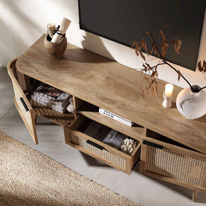 Meuble TV Izzy en rotin courbé 150 cm, naturel