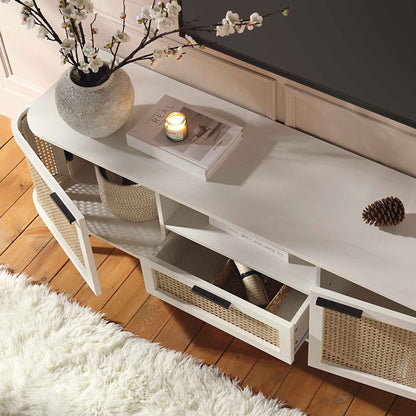 Meuble TV Izzy en rotin courbé 150 cm, blanc