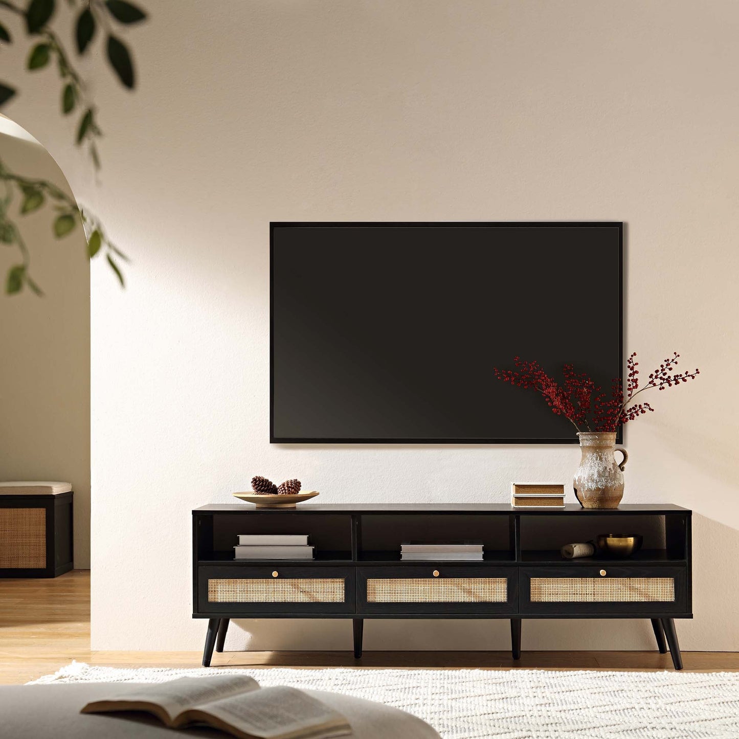 Meuble TV 3 tiroirs en rotin tressé Frances 160 cm, noir