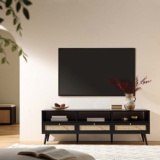 Meuble TV 3 tiroirs en rotin tressé Frances 160 cm, noir