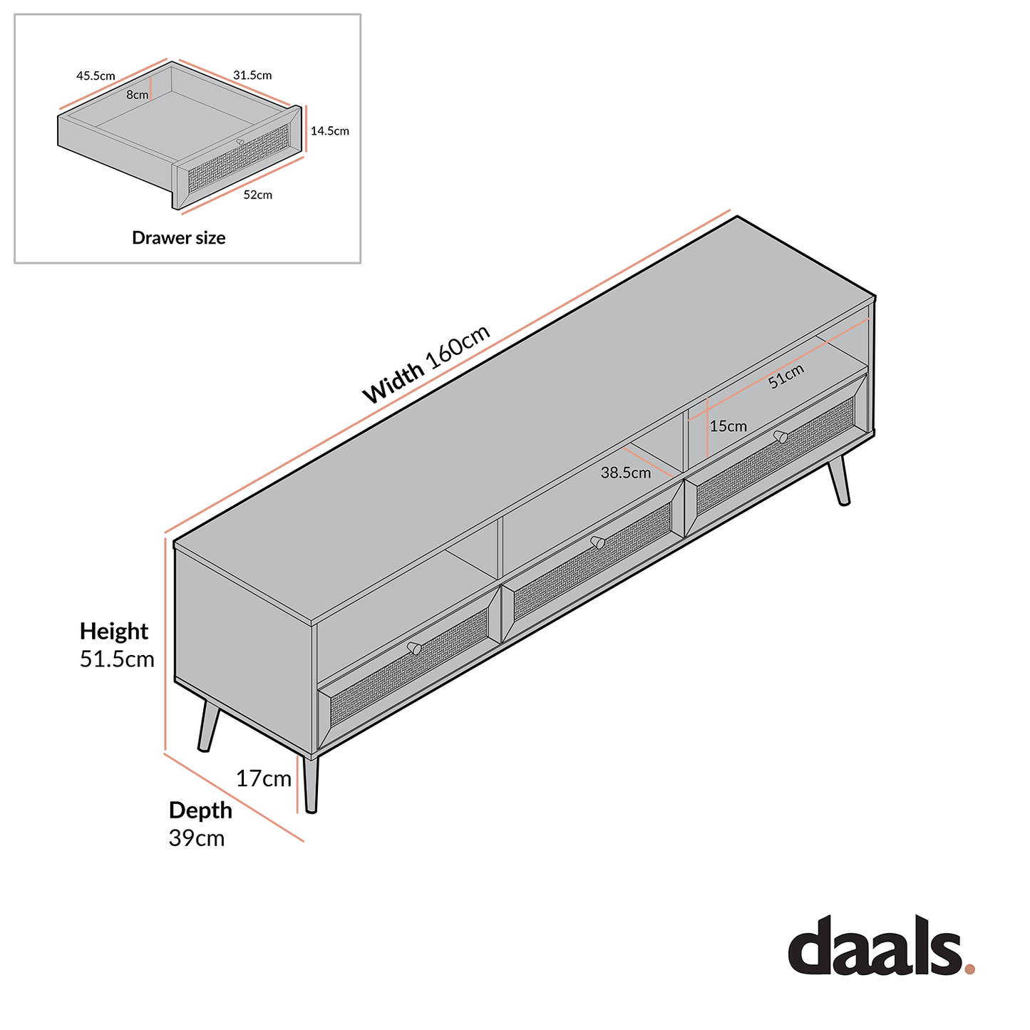Meuble TV 3 tiroirs en rotin tressé Frances 160 cm, menthe