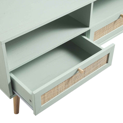 Meuble TV 3 tiroirs en rotin tressé Frances 160 cm, menthe