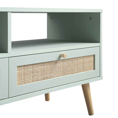 Meuble TV 3 tiroirs en rotin tressé Frances 160 cm, menthe